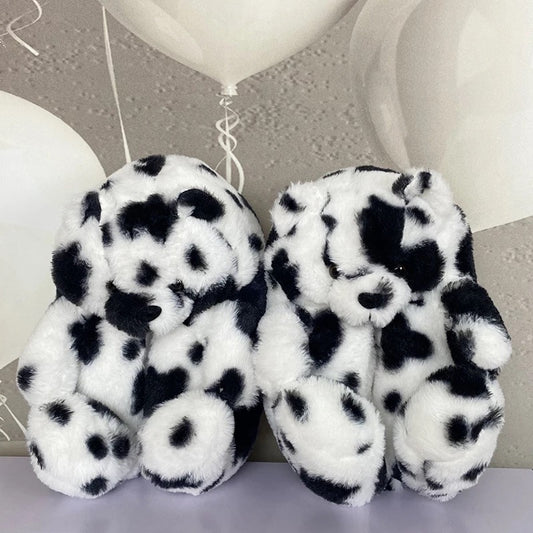 Cow Print Teddy Slippers