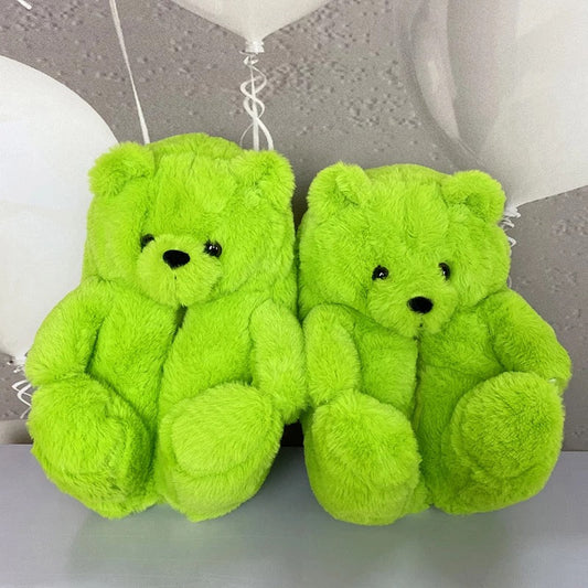 Neon Green Teddy Slippers